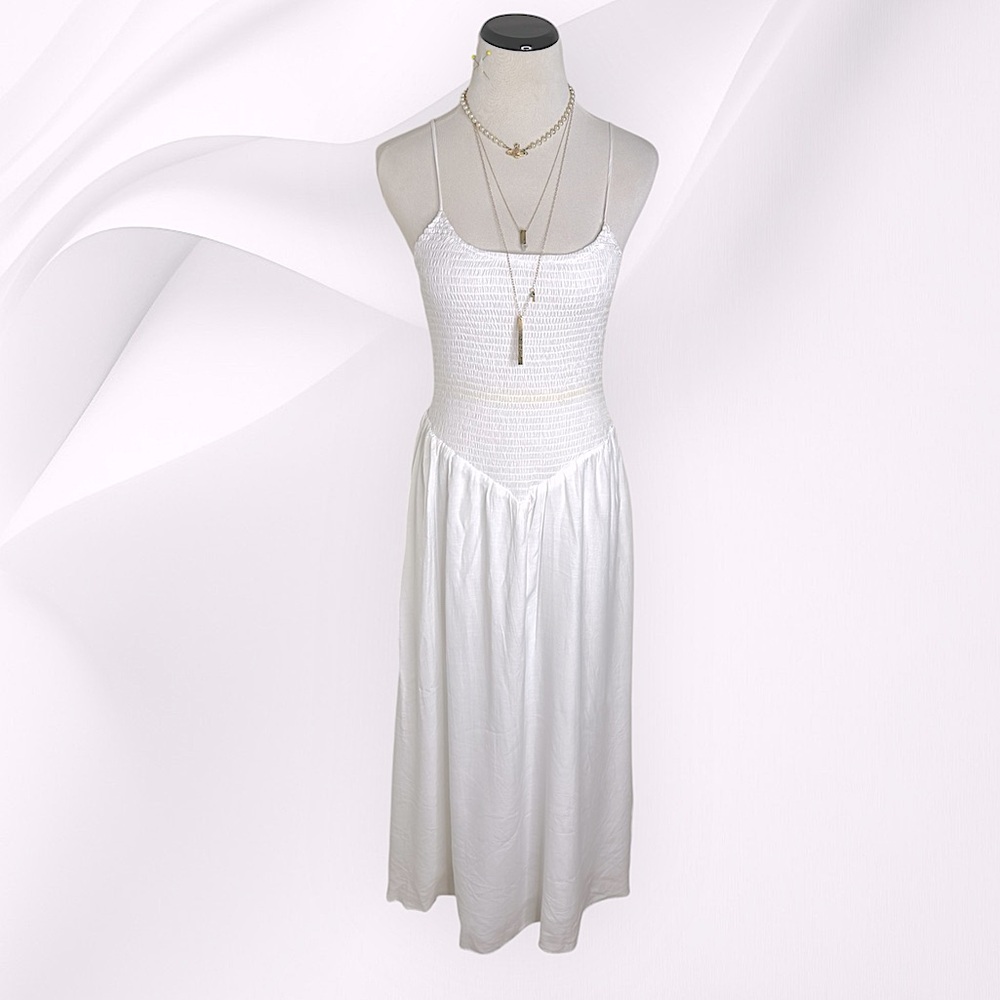 ✨ And Now This dropped waist sleeveless smocked Maxi White Dress New